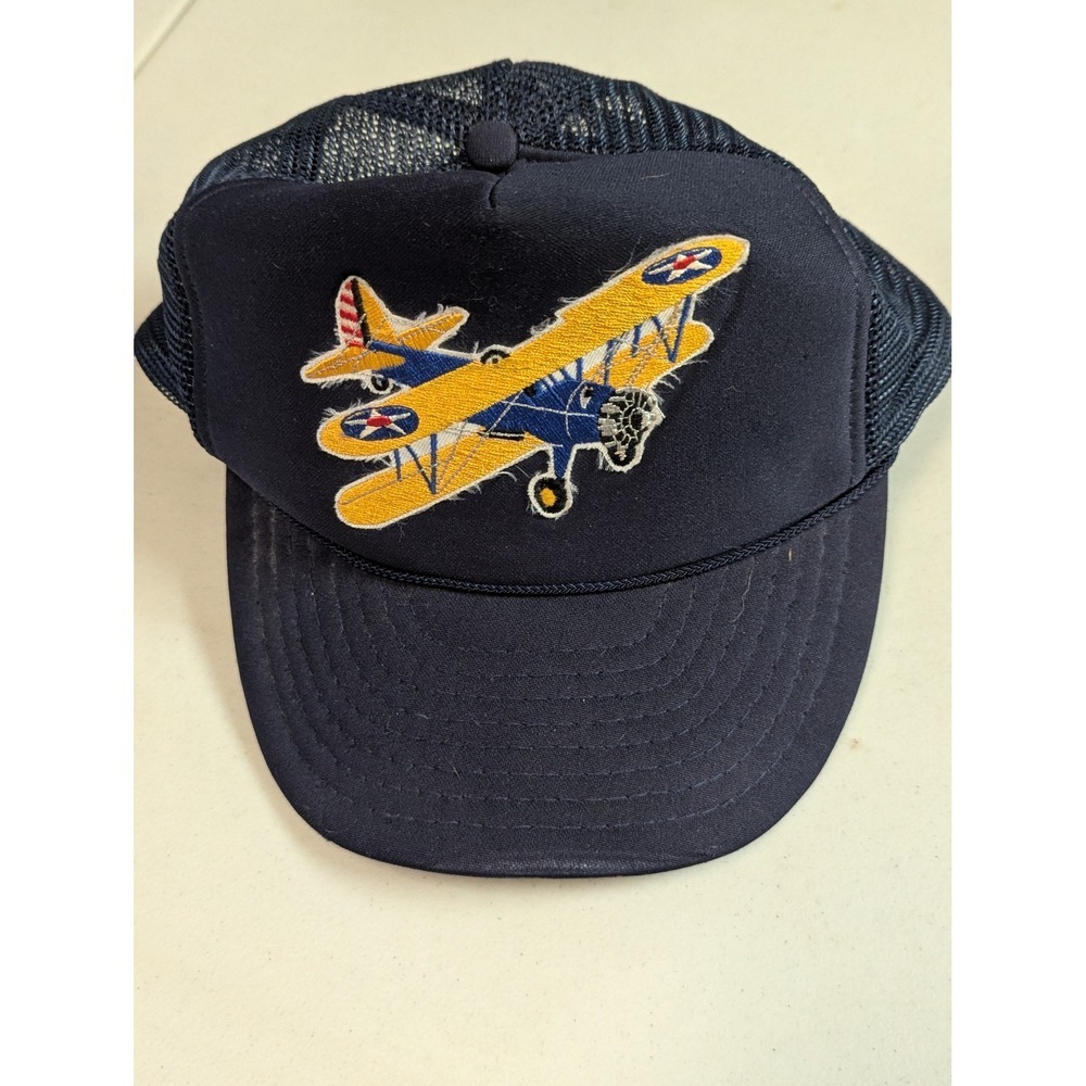 Vintage NOS OTTO Cap Navy Trucker Hat Biplane Airplane‎ Embroidery Snapback